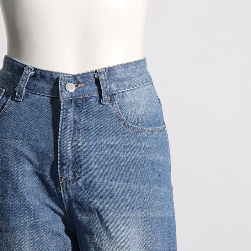 Spring Retro Washed Distressed Stitching Bow Design High Waist Slimming Straight Jeans Women - Modestly Vogue 