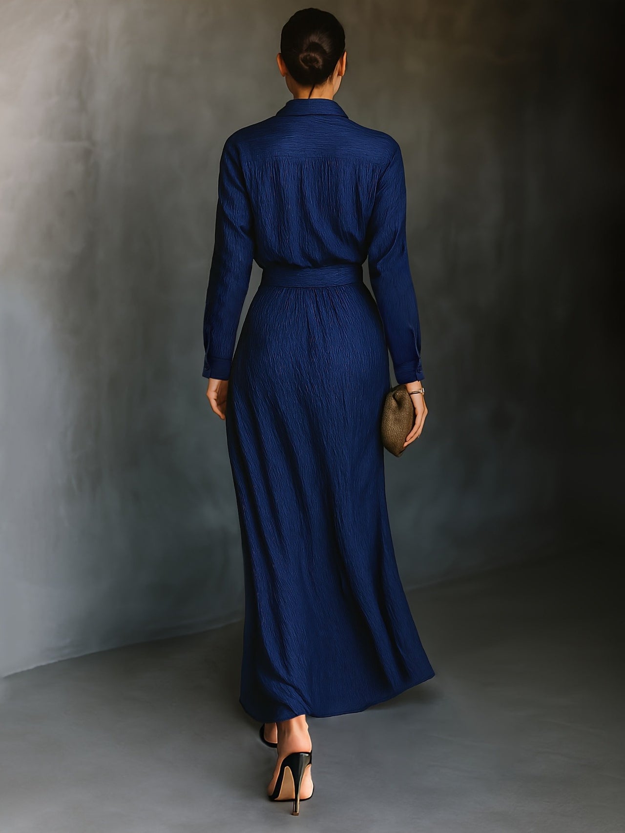 Two Piece Simple Elegant Office Drape Shirt High Waist Ruched Mid Length Skirt Two Piece Sets - Modestly Vogue 