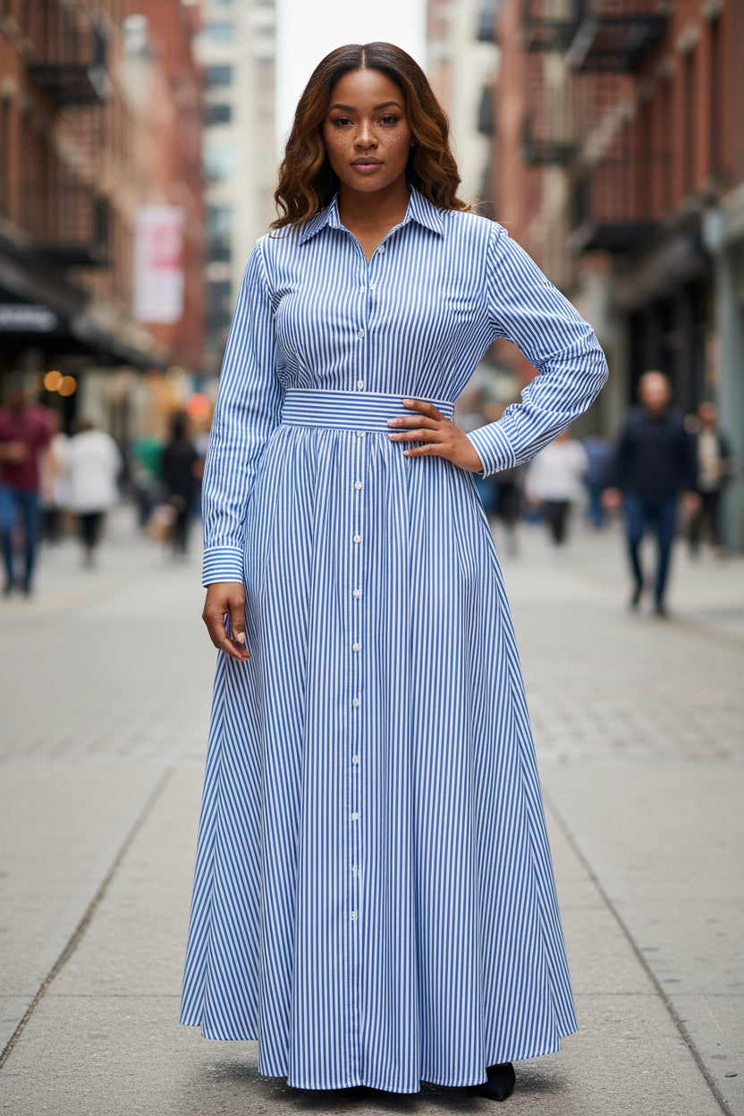 Polo Collar Elegant Cotton Polyester Striped Long Sleeved Pocket Cardigan Lace up Shirt Dress - Modestly Vogue 