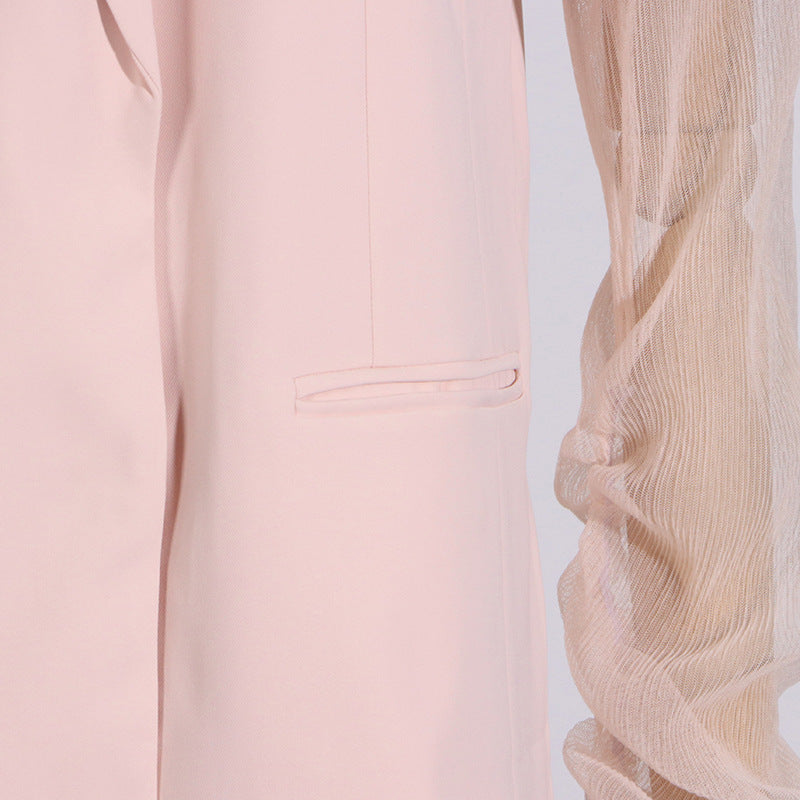 V-Neck Pink Mesh Stitching Long Sleeve Women’s Blazer - Modestly Vogue 