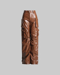 Earthtone Unique Design Faux Leather Trousers - High Waist Straight Leg Pants for Women