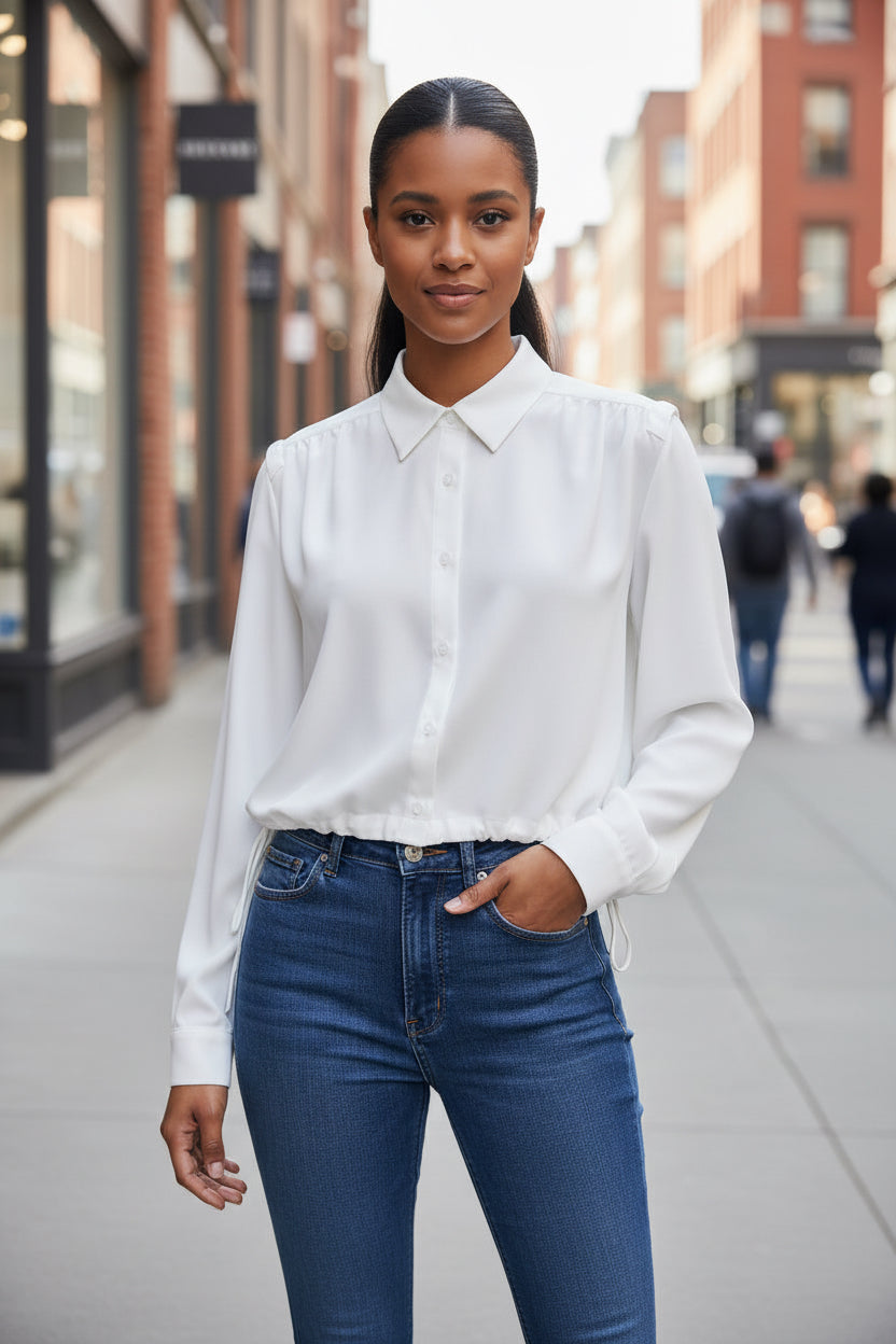 Spring Summer Women Solid Color Single Breasted Drawstring Ruffle Shirt - Modestly Vogue 