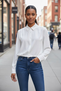Spring Summer Women Solid Color Single Breasted Drawstring Ruffle Shirt - Modestly Vogue 