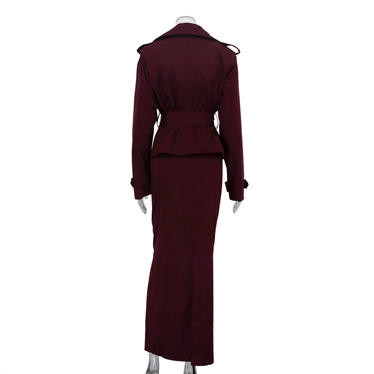 Polo Collar Long Sleeve Trench Coat & Skirt Set
