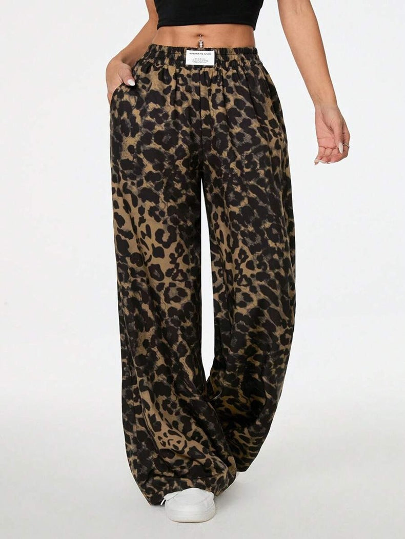 Women’s Winter Leopard Print Wide Leg Trousers – Casual Loose Fit
