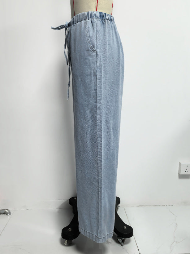 Women Spring Summer Sleeveless Lace up Vest Lace up Wide Leg Jeans Denim Set - Modestly Vogue 