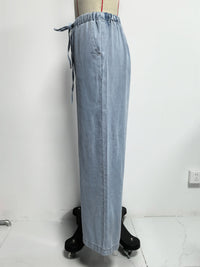 Women Spring Summer Sleeveless Lace up Vest Lace up Wide Leg Jeans Denim Set - Modestly Vogue 