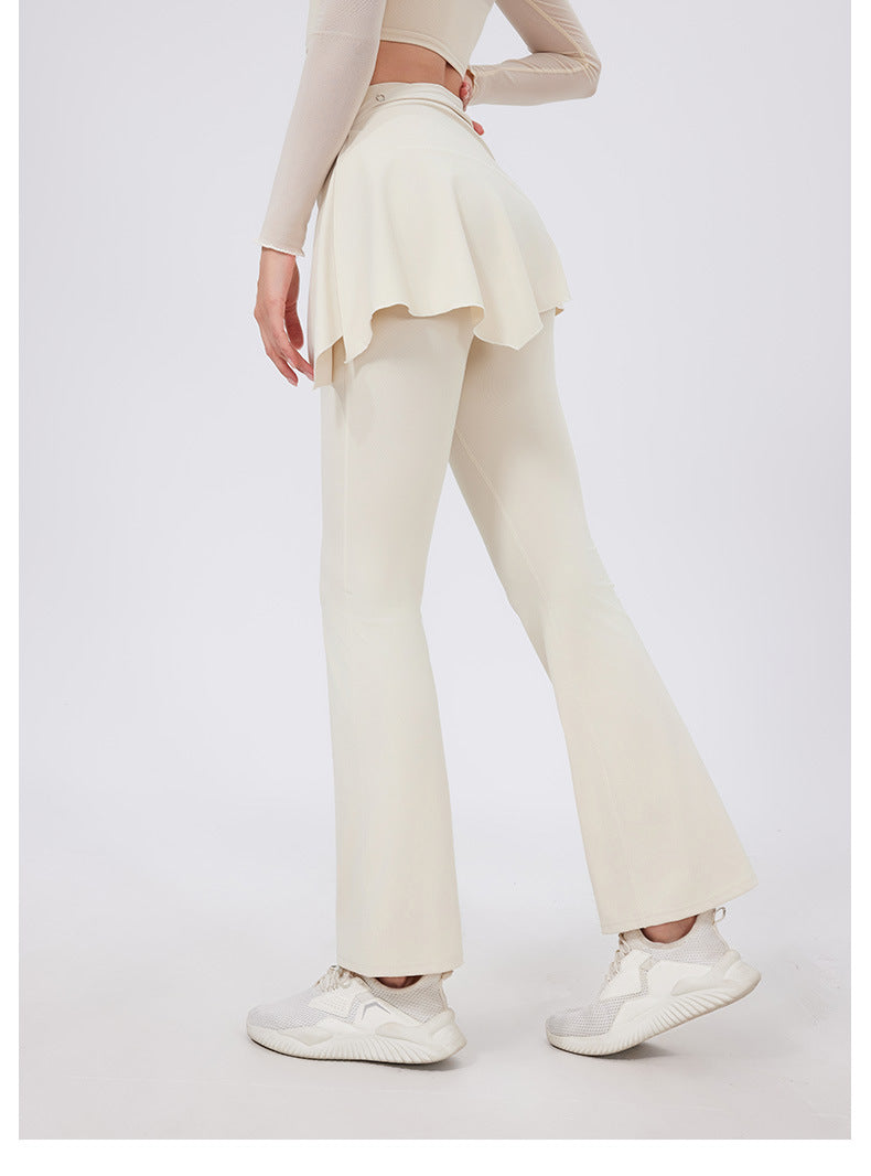 Two-Piece Yoga Set | High-Waist Pleated Bell Bottom Pants And Detachable Skirt - Modestly Vogue 