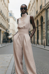 Spring Solid Color Elegant Women Simple Cotton Linen Blended Sleeveless Top Wide Leg - Modestly Vogue 