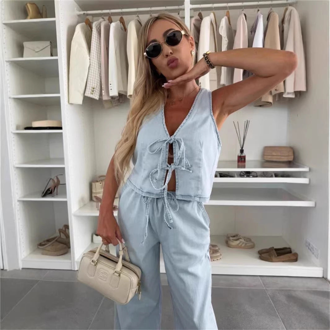 Women Spring Summer Sleeveless Lace up Vest Lace up Wide Leg Jeans Denim Set - Modestly Vogue 