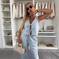 Women Spring Summer Sleeveless Lace up Vest Lace up Wide Leg Jeans Denim Set - Modestly Vogue 