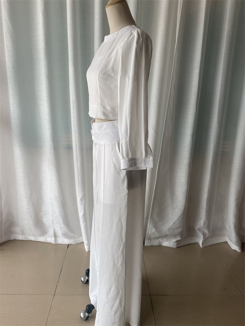 Women Clothing Short Long-Sleeved Top High Waist Wide Leg Pants Two Piece Set - Modestly Vogue 