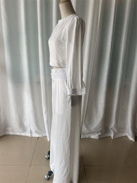 Women Clothing Short Long-Sleeved Top High Waist Wide Leg Pants Two Piece Set - Modestly Vogue 