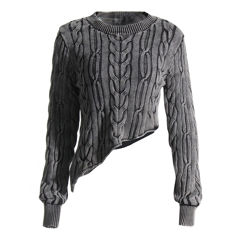 Pastel Idle Niche Irregular Asymmetric Hem Distressed Figure Flattering Short Sweater for Women