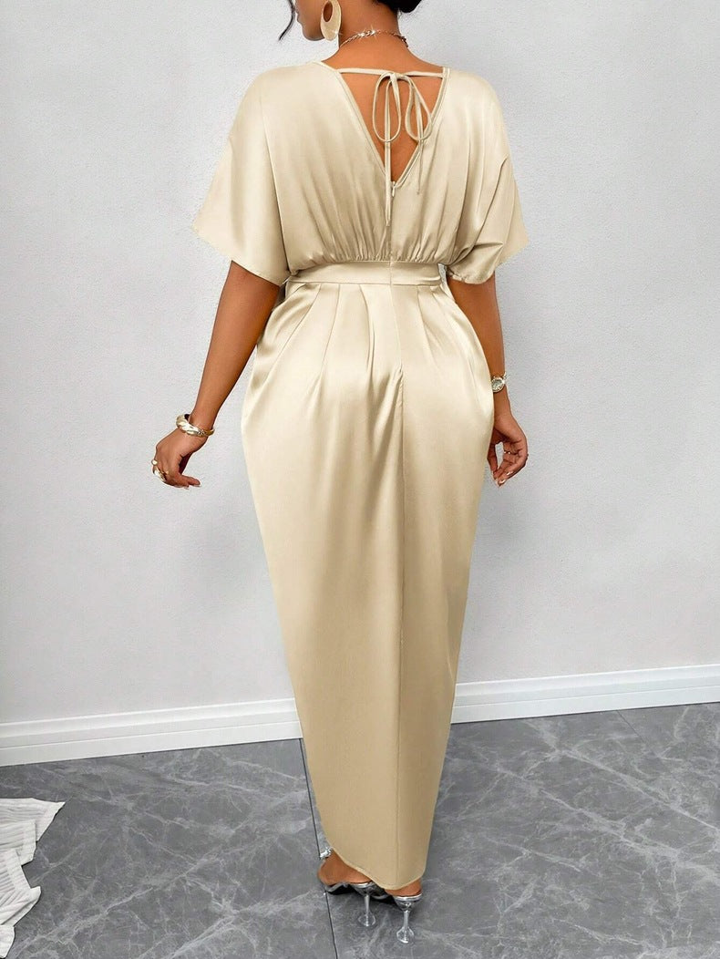 Women Clothing Early Autumn Satin Dress Ball Gown Satin Waist Tight Maxi Dress - Modestly Vogue 