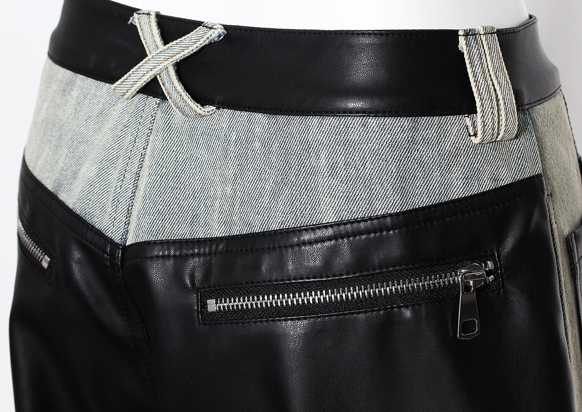 Niche Contrast Color Jeans Women Winter Thick Loose Retro Washed Stitching Contrast Color Leather Wide Leg Pants - Modestly Vogue 