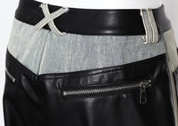 Niche Contrast Color Jeans Women Winter Thick Loose Retro Washed Stitching Contrast Color Leather Wide Leg Pants - Modestly Vogue 