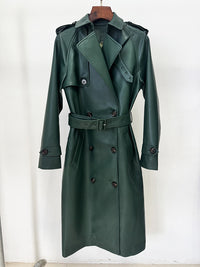 Double Breasted Belted Mid-Length Leather Trench Coat - Modestly Vogue 