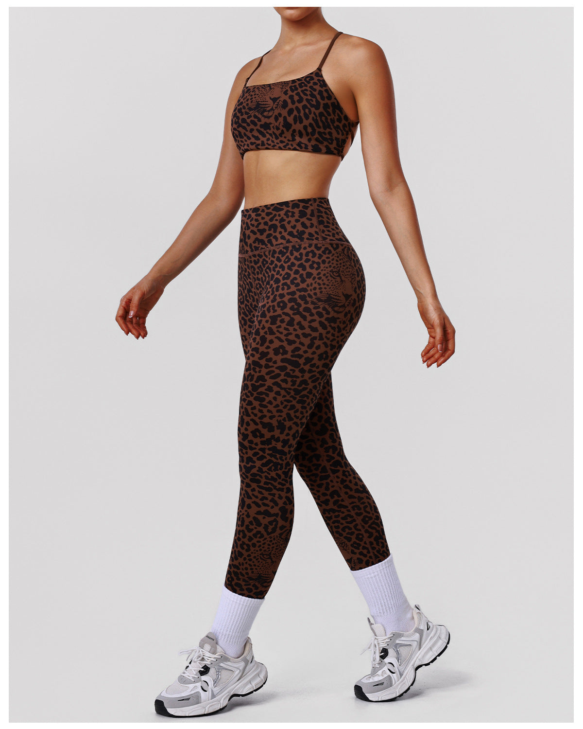 Leopard Print Tight Yoga Women High Waist Hip Raise Pants Thin Strap Beauty Back Exercise Bra Fitness Two Piece Sets - Modestly Vogue 