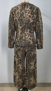 Washed Leopard Print Denim Long Sleeve Top Set for Women