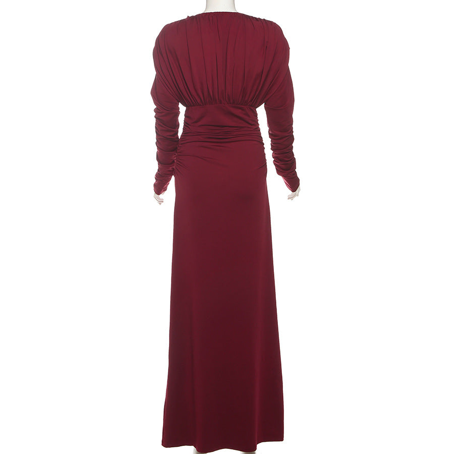 Elegant Pleated Waistline Slimming  V Neck Long Maxi Dress - Modestly Vogue 