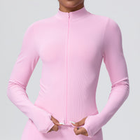 Stand Collar Knitted Long Sleeve Zipper Yoga Jacket - Modestly Vogue 