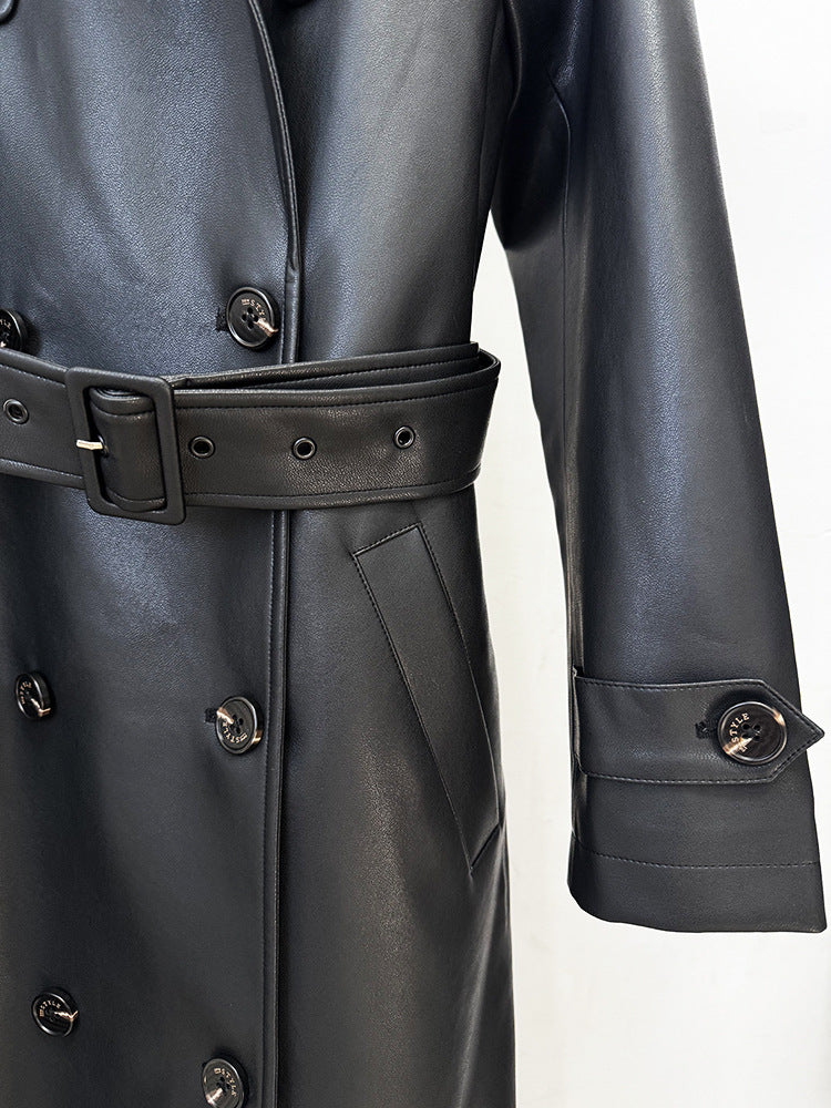 Double Breasted Belted Mid-Length Leather Trench Coat - Modestly Vogue 