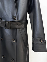 Double Breasted Belted Mid-Length Leather Trench Coat - Modestly Vogue 