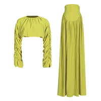 Lantern Sleeve Tied Top High Waist Drooping Skirt Two Piece Clothing - Modestly Vogue 
