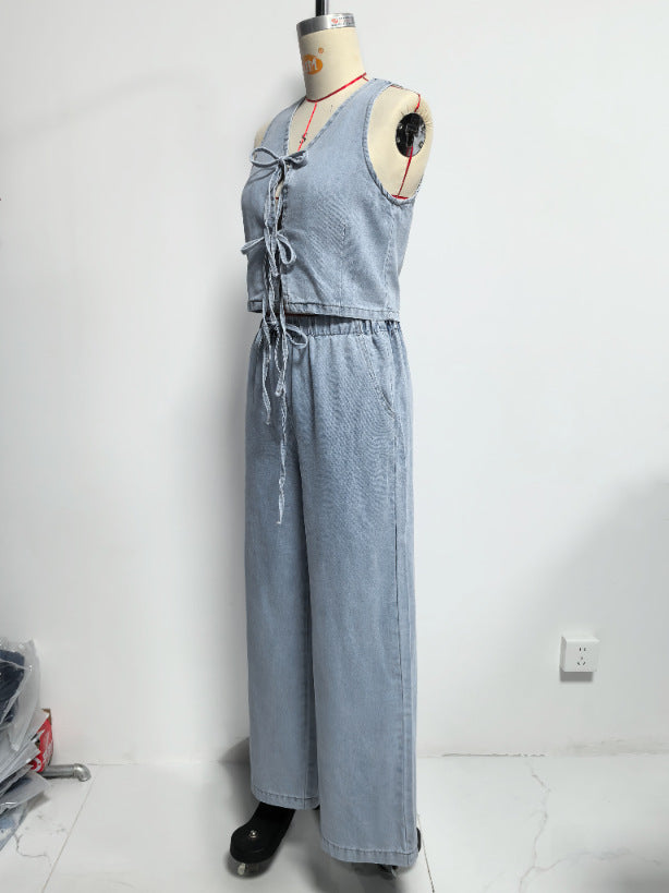 Women Spring Summer Sleeveless Lace up Vest Lace up Wide Leg Jeans Denim Set - Modestly Vogue 