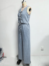 Women Spring Summer Sleeveless Lace up Vest Lace up Wide Leg Jeans Denim Set - Modestly Vogue 