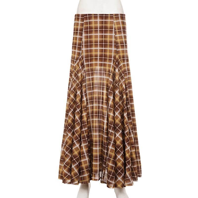 Retro Patchwork Plaid A line Long Skirt