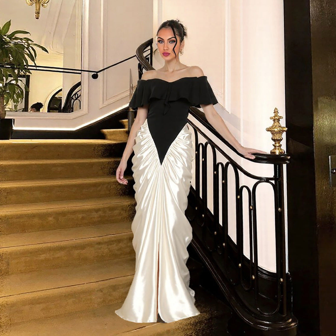 Elegant Off The Shoulder Ruched Waist Formal Holiday Dress - Modestly Vogue 