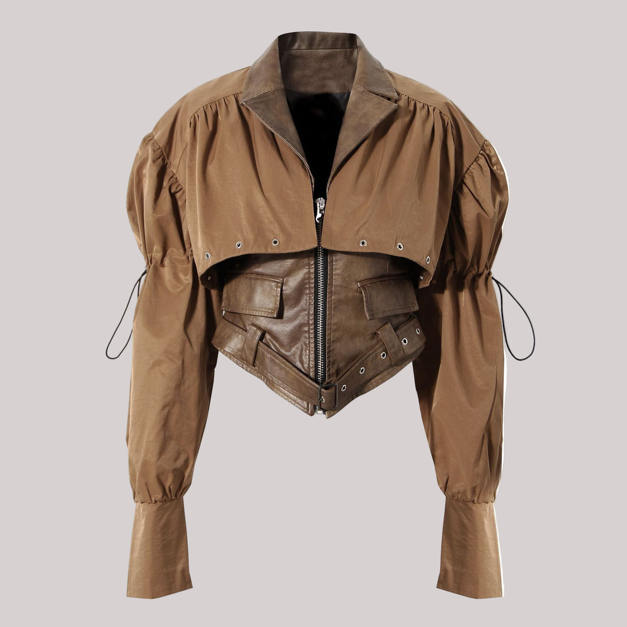 Earthtone Design Two Piece Coat Spring Cloak Stitching Faux Leather Handsome Waist Tight Jacket Top Women - Modestly Vogue 