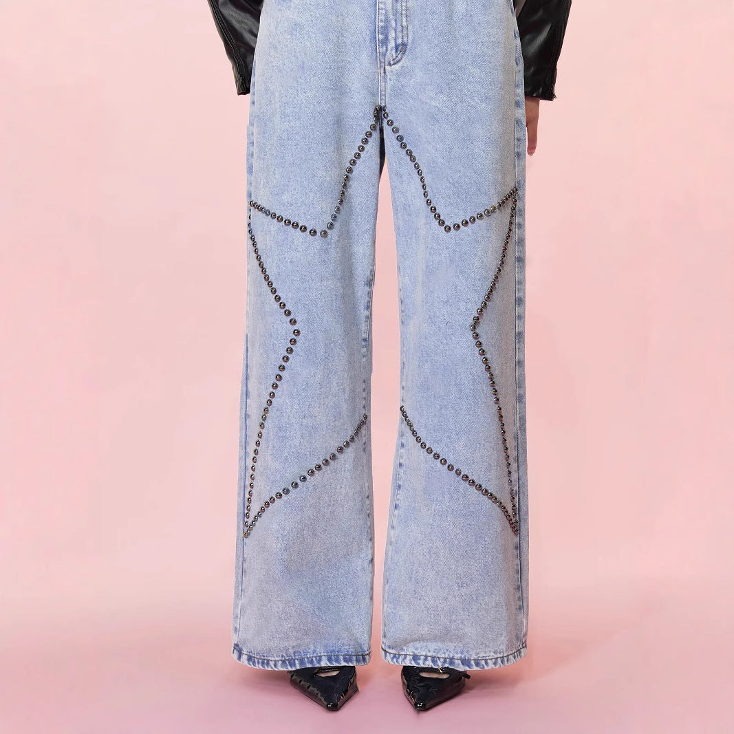 Women Clothing Loose Retro Beaded Jeans Trousers - Modestly Vogue 