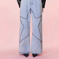 Women Clothing Loose Retro Beaded Jeans Trousers - Modestly Vogue 