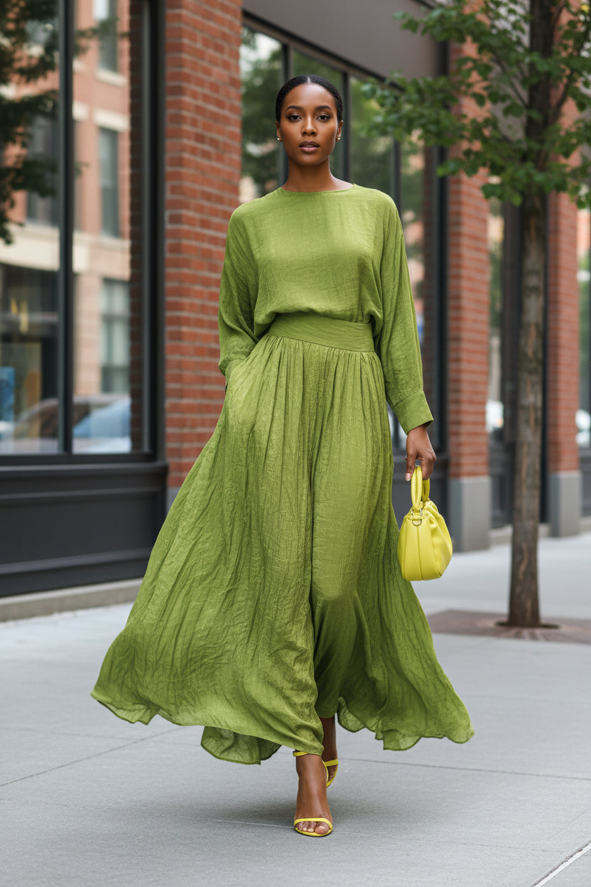 Lazy Green High Collar Loose Knitted Top Skirt Two Piece Sets - Modestly Vogue 