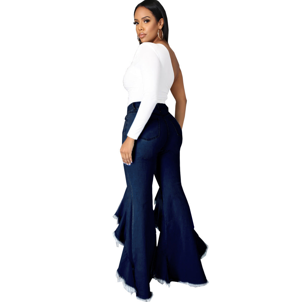 Ripped Washed Denim Stretch Slim Bell Bottom Jeans - Modestly Vogue 