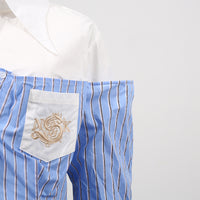 Blue Simple Office Top Women Summer Comfort Faux Two Pieces Casual Striped High Grade Women Shirt - Modestly Vogue 