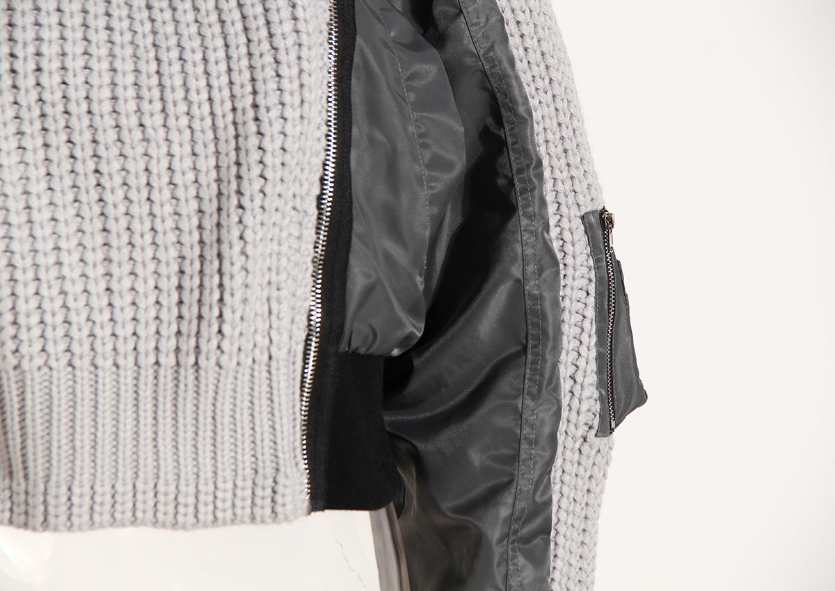 Women’s Asymmetric Knitted Varsity Jacket – Autumn Winter Coat