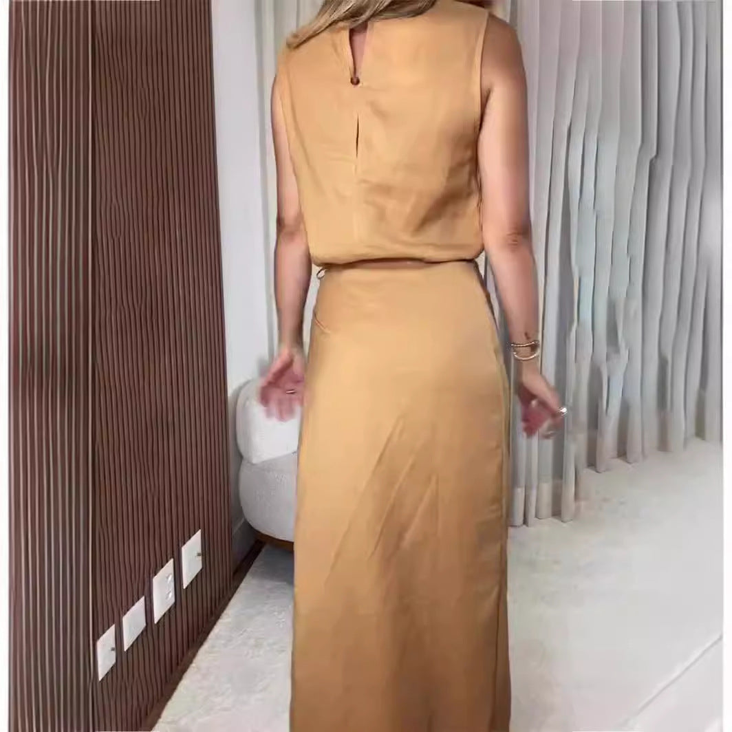 V Neck Sleeveless Irregular Asymmetric Lace Up Slim Dress Faux Two Piece Split Women Clothing - Modestly Vogue 