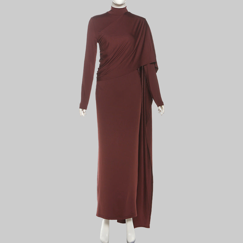 Brown Elegant High Neck Long Sleeves Flowing Scarf Maxi Dress - Modestly Vogue 