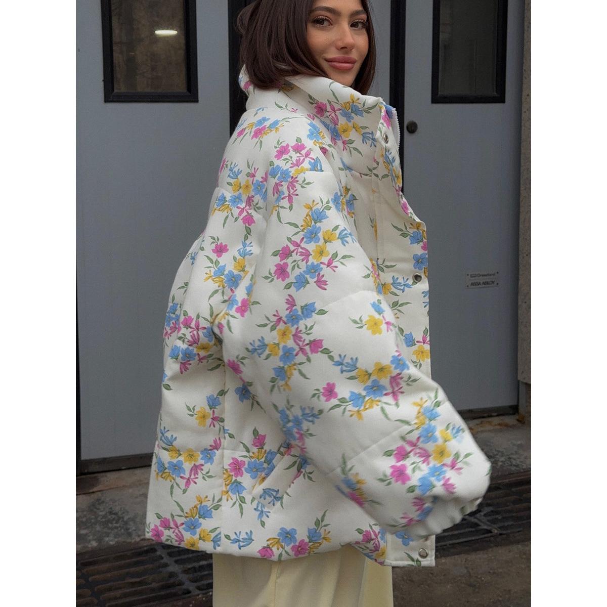 Printed Cotton Padded Jacket Coat Women Autumn Winter Stand Collar Zipper Cotton Padded Jacket Thermal Cotton Padded Coat Women