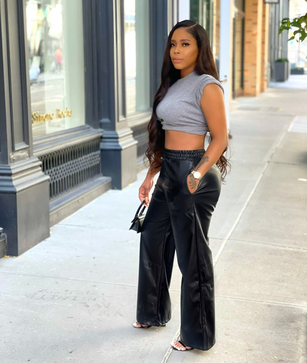 Women Clothing Solid Color Loose Wide Leg Pocket Faux Leather Pants - Modestly Vogue 