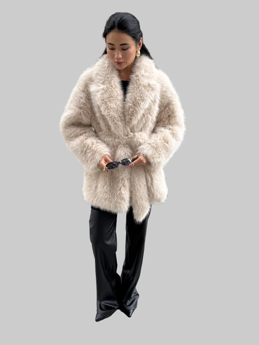 Thickened Faux Fur Coat Women – Mid-Length Belted Fox Fur Overcoat