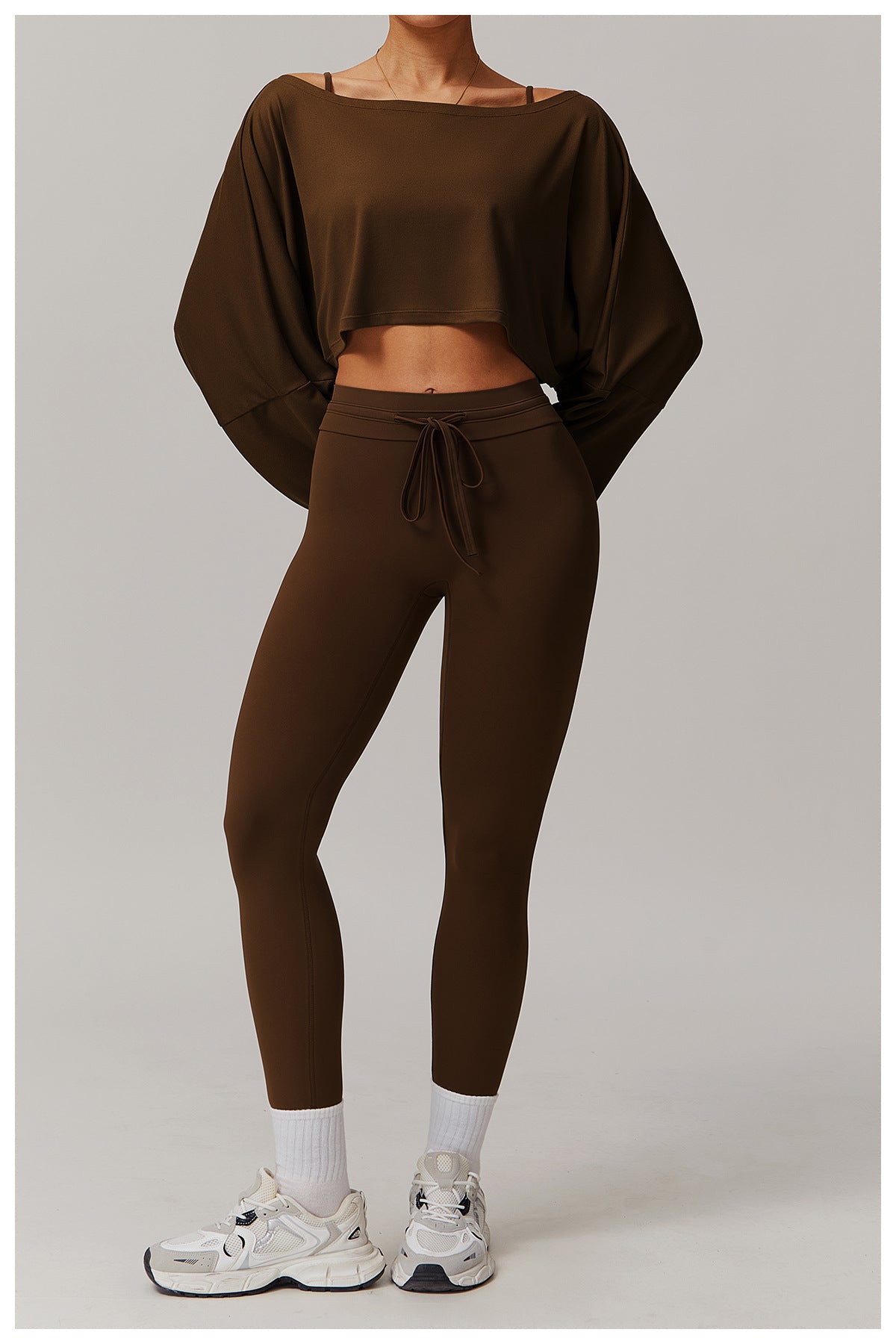 Off Shoulder Cropped Batwing Sleeve Long Sleeve Yoga Top - Modestly Vogue 