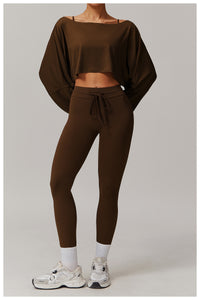 Off Shoulder Cropped Batwing Sleeve Long Sleeve Yoga Top - Modestly Vogue 