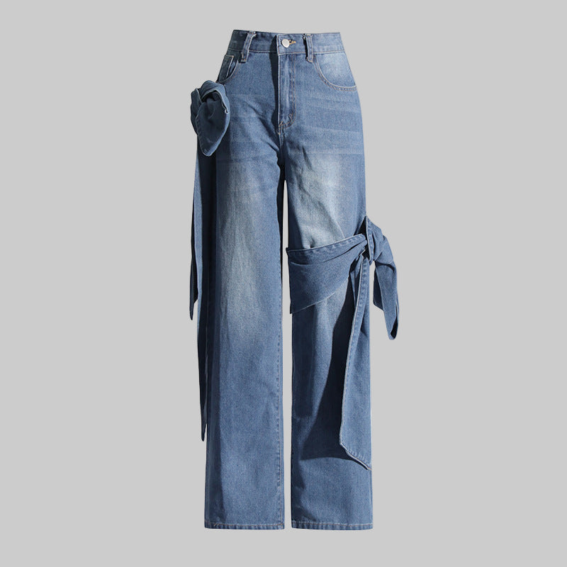Spring Retro Washed Distressed Stitching Bow Design High Waist Slimming Straight Jeans Women - Modestly Vogue 