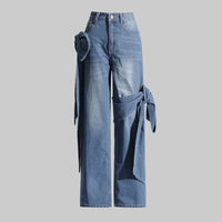 Spring Retro Washed Distressed Stitching Bow Design High Waist Slimming Straight Jeans Women - Modestly Vogue 