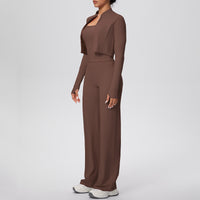 Solid Color Zip Long Sleeve Coat & Yoga Three-Piece Suit